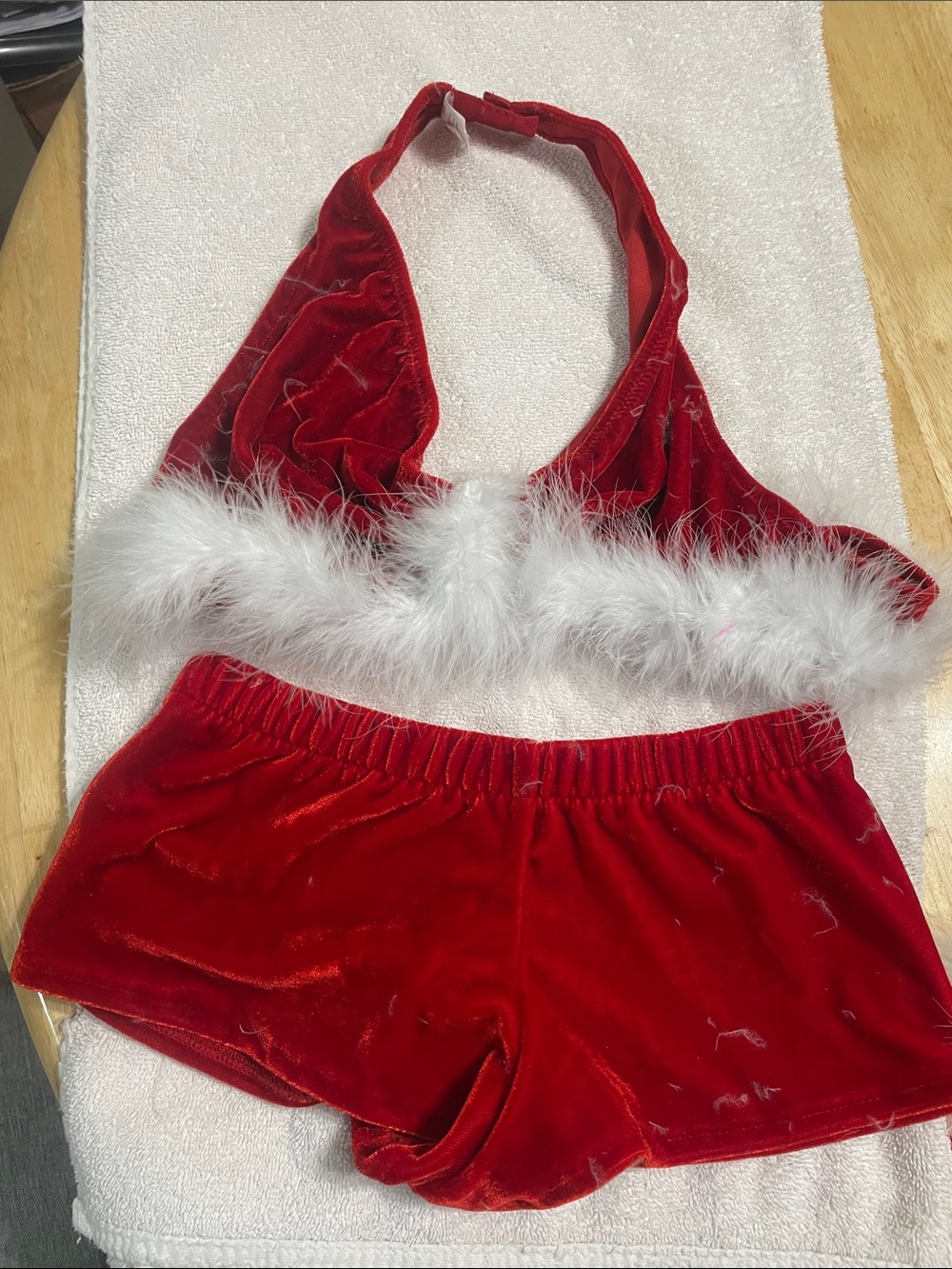 Elegant Moments Red Velvet Halter Bralette & Shorts Set with White Feather Trim